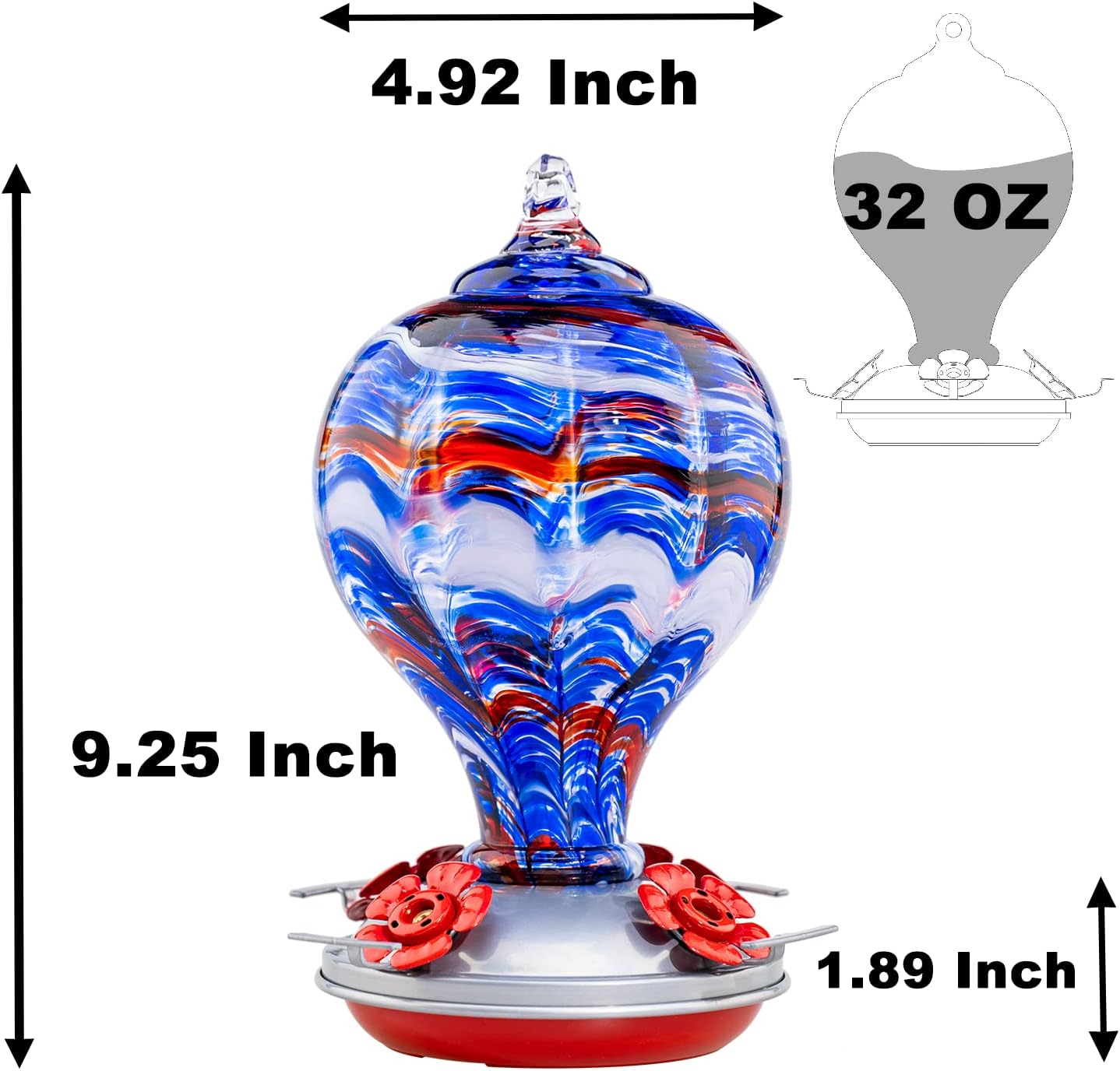 Muse Garden 32OZ Hummingbird Feeders Blown Glass Hummingbird Feeder, Garden Backyard Decor for Outside, Navy Blue | Muse Garden 32OZ Hummingbird Feeders Blown Glass Hummingbird Feeder, Garden Backyard Decor for Outside, Navy Blue