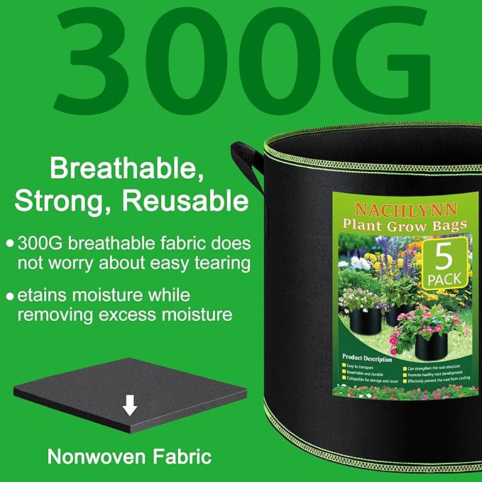 NACHLYNN 5-Pack 15 Gallon Grow Bags Thickened Nonwoven Fabric Pots Heavy Duty Aeration Fabric Pots with Handles Plant for Gardening Fruits Flowers Plant