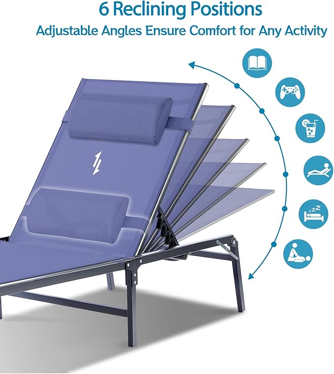 Foldable Chaise Lounge Chair with Cup Holder, Assemble-Free Outdoor Lounge Chair with Detachable Pillow and 6 Adjustable Backrest, Patio Lounge Chair for Outside Poolside Beach Pool, Blue
