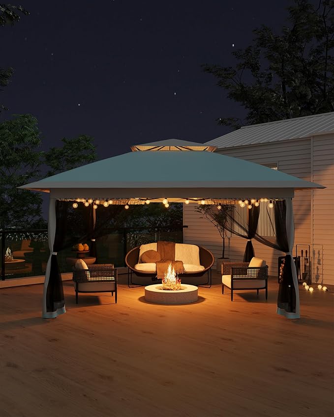 Canopy Tent 13x13 ft, Pop Up Gazebo One-Push Setup with 4 SandBags for Backyard Parties and BBQs, Mosquito Netting & Height Adjustable - Lake Blue