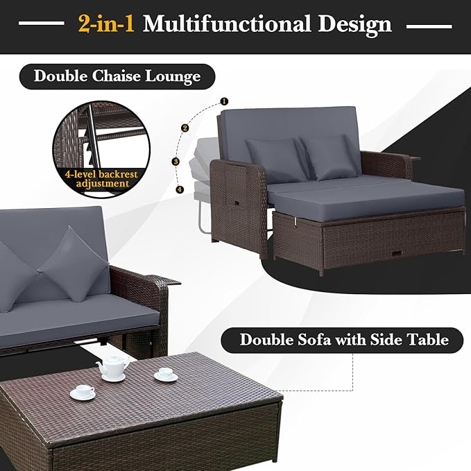 LDAILY Moccha Outdoor Daybed, Wicker Loveseat Sofa Set with 4-Postion Adjustable Backrest, Storage Ottoman, Cushions, Rattan Double Bed Lounger, Patio Furniture Set (Gray)