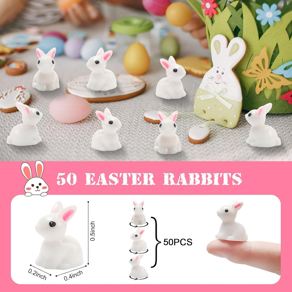 Exasinine 50 Pcs Mini Rabbit Figurines, White Easter Bunny Decor | 50 Mini Resin Rabbits, Easter Egg Fillers, Fairy Garden Ornaments, Dollhouse Cake Decor, Miniature Animal Figures