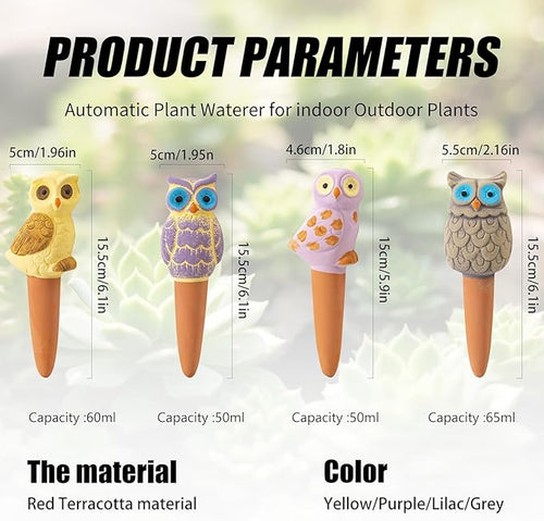 4 Pack Handmade Terracotta Owl Watering Spikes and Globes, Self-Watering Plant Devices with Slow Release System for Continuous Moisture, Perfect Water Bulbs for Indoor and Outdoor Plants Vacation Use