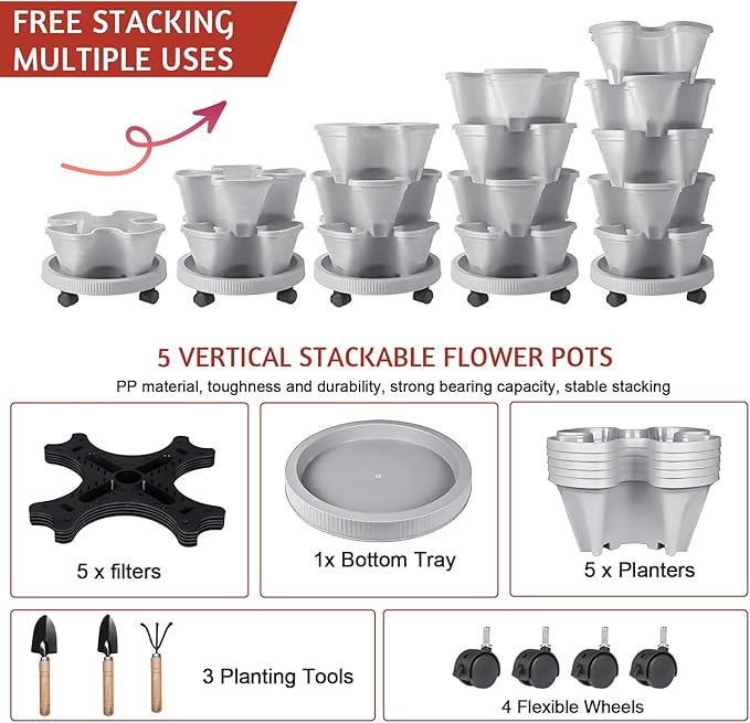 Vertical Strawberry Planter-5 Tier Stackable Herb Tower Planters Stacking Garden Planters Pot Outdoor with Tools Removable Wheels for Growing Flowers, Vegetables and Succulents