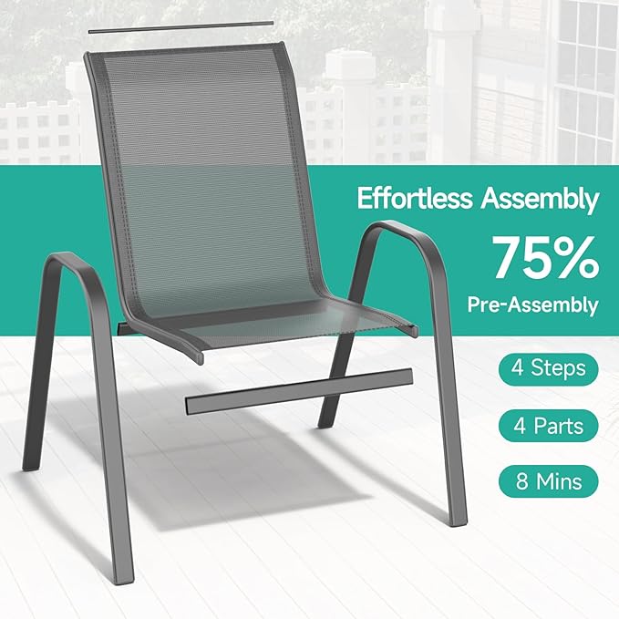 Patio Chairs Set of 4, All Weather Breathable Stackable Outdoor Dining Chairs with High Back and Wide Seat, Easily Set Up Outdoor Chairs Set of 4 with Metal Frame for Backyard Garden Pool, Grey