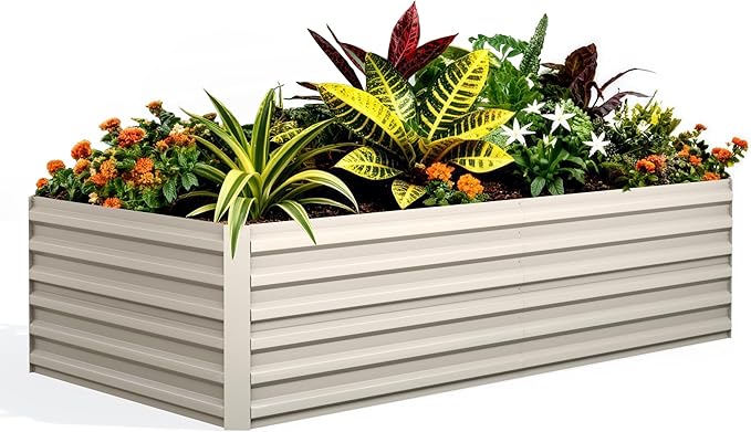 GarveeLife 8x4x2 ft Galvanized Raised Garden Bed, 24" Tall Metal Planter Box for Flowers Vegetables, Rust-Resistant Raised Garden Beds for Gardening, Easy Assembly Outdoor Garden Box & Planters,Beige