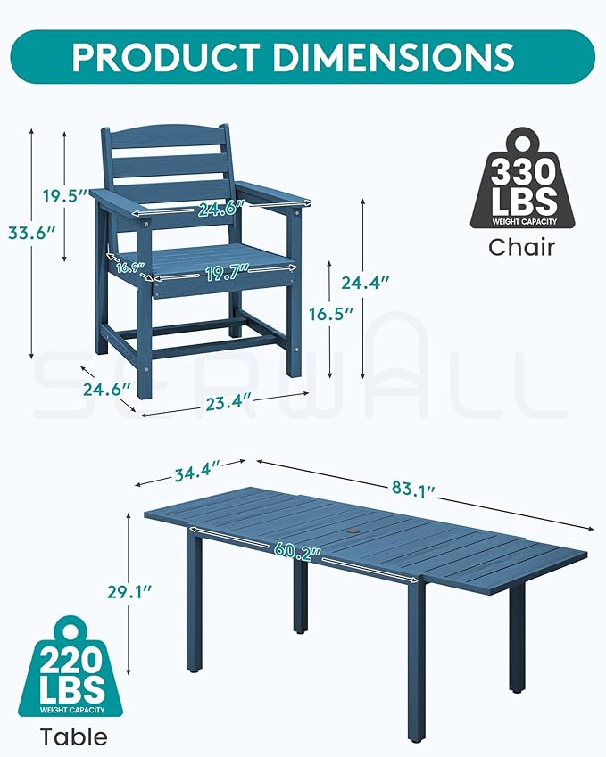 SERWALL 9-Piece Outdoor Dining Set, 60" - 83" Expandable Outdoor Dining Table and 8 HDPE Chairs, All Weather HDPE Outdoor Furniture Set for Backyard, Garden, Blue