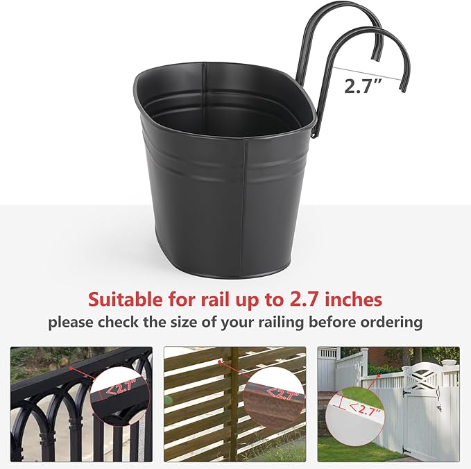 Dahey 10.5 Inch Metal Iron Hanging Flower Pots for Railing Fence Hanging Bucket Pots Countryside Style Window Flower Plant Holder with Detachable Hooks Home Decor,Black,3 Pcs