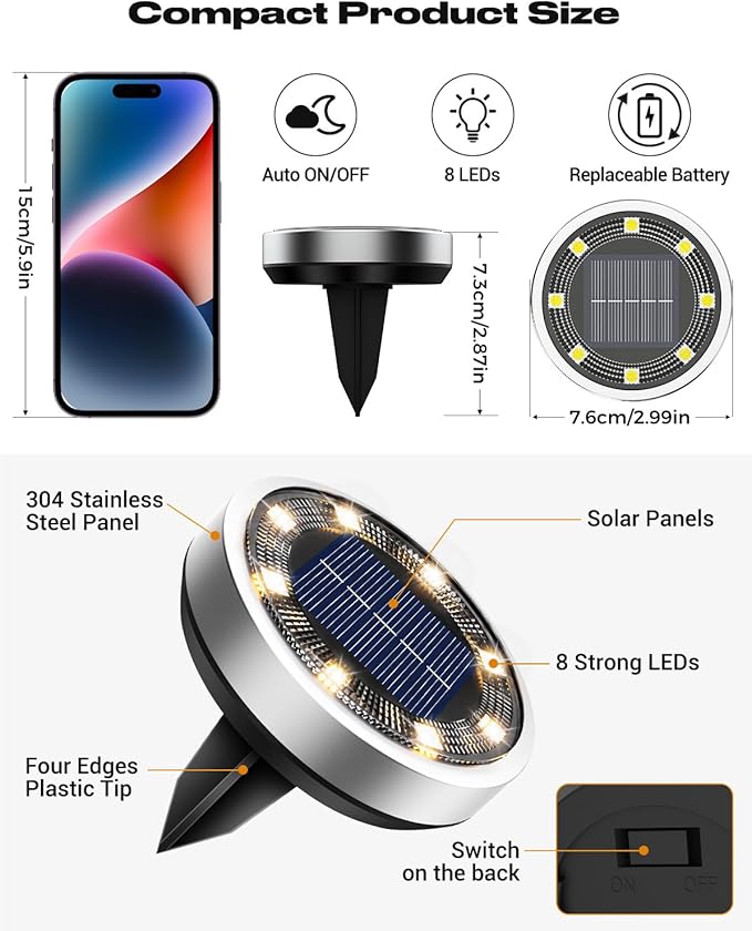 btfarm 10 Pack Solar Ground Lights Outdoor, 8 LED Solar Disc Lights IP65 Waterproof Flat Solar Light, Pathway Lights Solar Powered for Garden Lawn Patio Yard Path Landscape, Warm White
