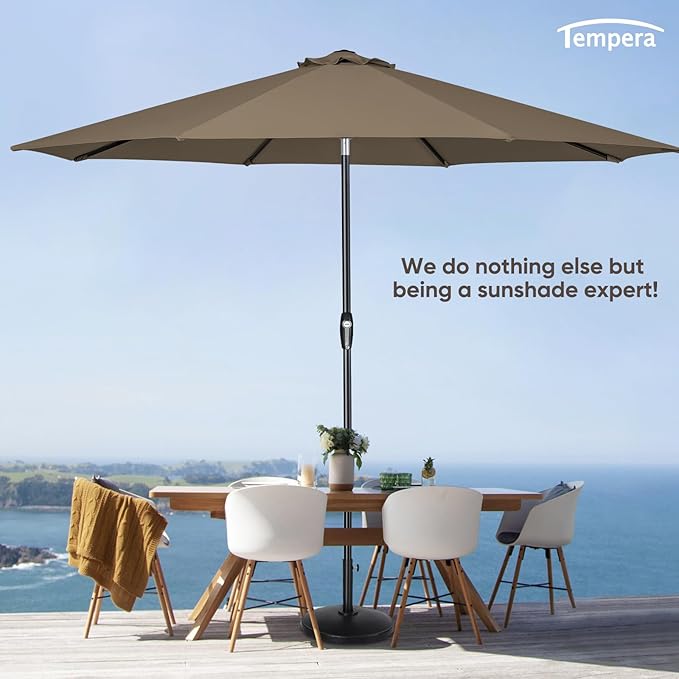 Tempera Patio Market Outdoor Table Umbrella with Auto Tilt and Crank, Large Sun Umbrella with Sturdy Pole & Fade Resistant Canopy, Easy to Set