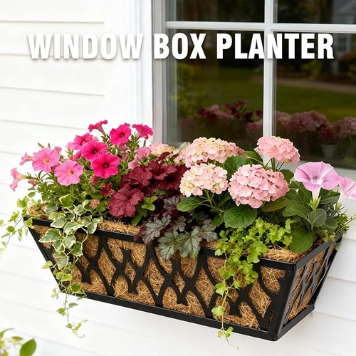 4 Pack 16 Inch Window Boxes Planters Railing Planter Box with Adjustable Brackets for Porch Fence Patio Balcony Hanging Flower Baskets with Coco Liners for Outdoor Garden Decor - Black