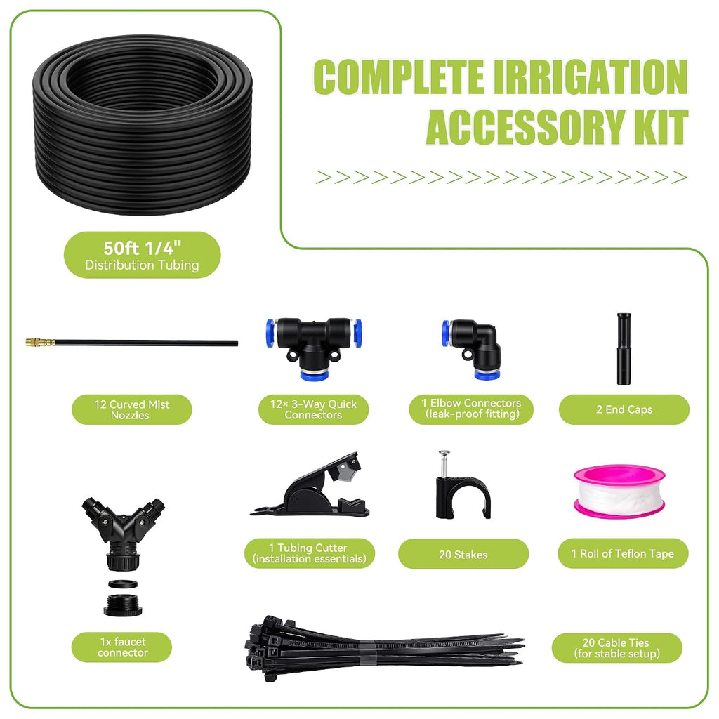 50FT 360° Adjustable Drip Irrigation System Garden Watering System with 12 Nozzles Plant Watering Devices Misting System Greenhouse Accessories for Yard, Lawn