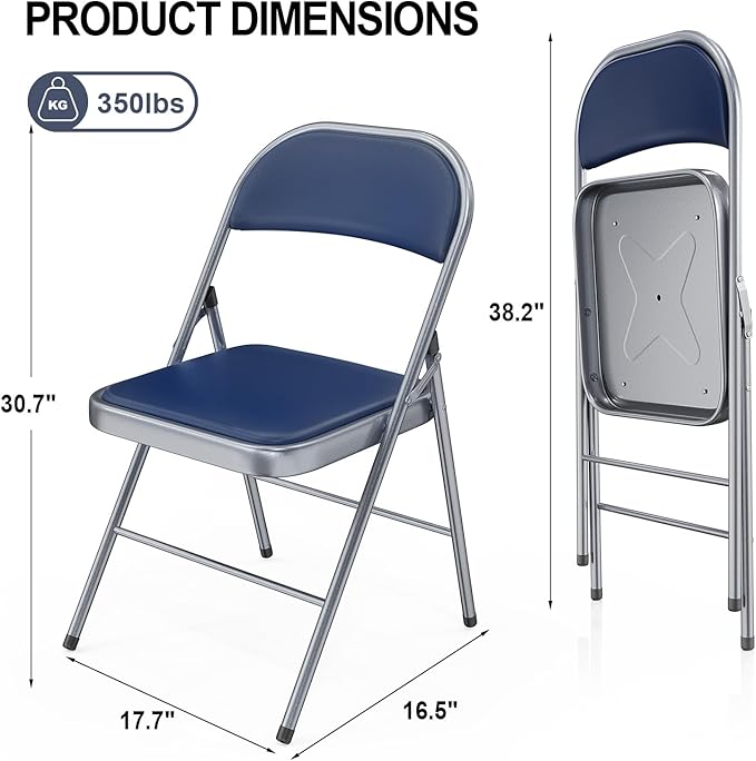VINGLI 10 Pack Folding Chairs with Padded Seats, Metal Frame with Pu Leather Seat & Back, Capacity 350 lbs, Blue
