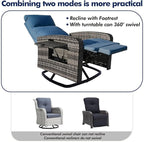 Outdoor Recliner Chair Set of 2, Wicker Patio Recliners with Adjustable Backrest and Extended Foot Rest, Reclining Patio Chairs with Flip Table & Removable Cushion Cover for Porch