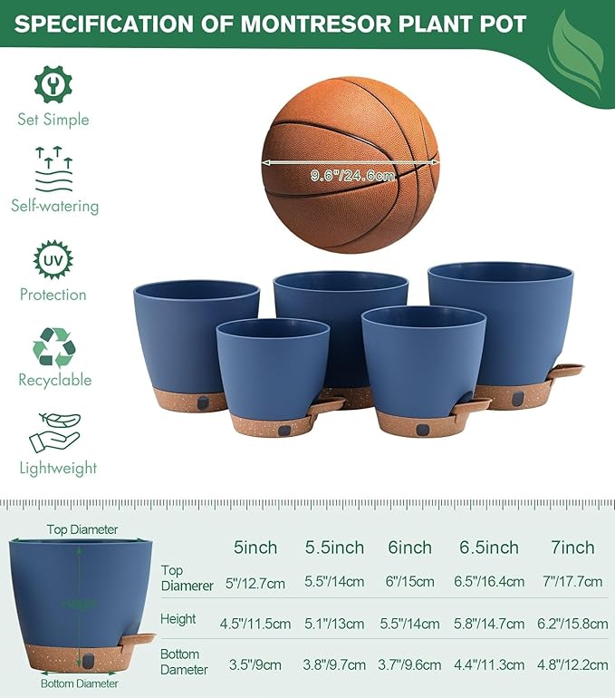 montresor 5-Pack 5/5.5/6/6.5/7 Inch Reservoir & Drainage Plastic Self Watering Flower Pots– Ocean Blue Indoor Plant Pots with Wick System for Peace Lily, Fern, Spider Plant