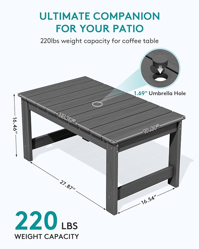 SERWALL Outdoor Coffee Table with 1.69" Umbrella Hole, HDPE Patio Coffee Table for Outside, Rectangle, Gray