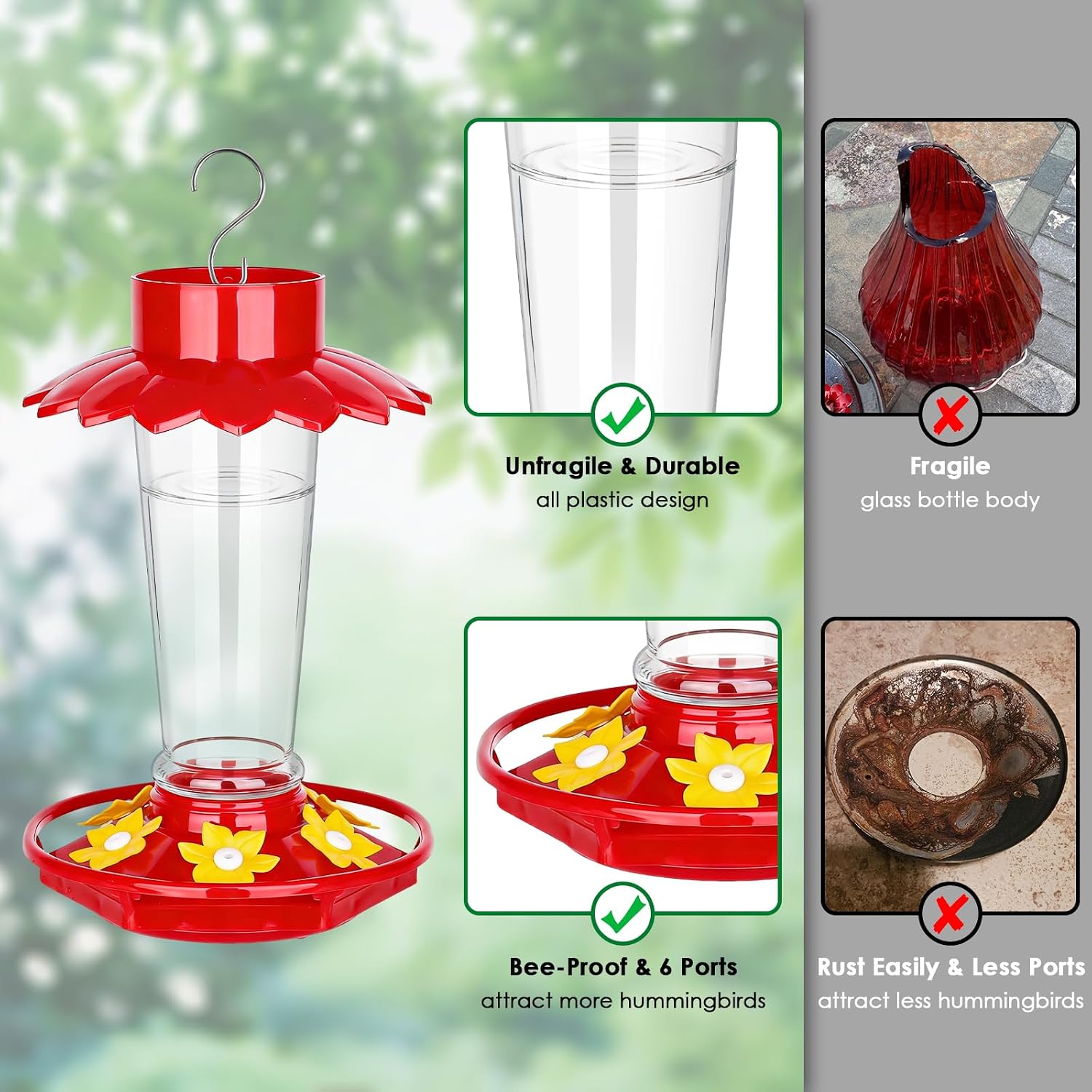 Fchstaer Plastic Hummingbird Feeders for Outdoors Hanging, 2 Pack 10 OZ Clear Humming Bird Feeder with 6 Feeding Ports and Perch, Built-in Ant Moat, Gifts for Women Garden Decor