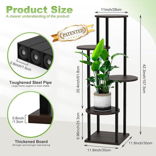 5 Tier Wood Tall Plant Stand Metal Rack Indoor, Multiple Flower Pot Holder Shelves Corner Rack, Round Planter Shelf Display Rack Storage Organizer for Patio Living Room Balcony(Black Oak)