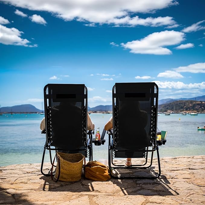 Nestl Zero Gravity Chairs Set of 4, Patio Lounge Chair Outdoor with Pillows & Cup Holder Trays, Adjustable Steel Mesh Reclining Camping Chair, Folding Patio Lawn Chair for Deck, Beach, Yard - Black
