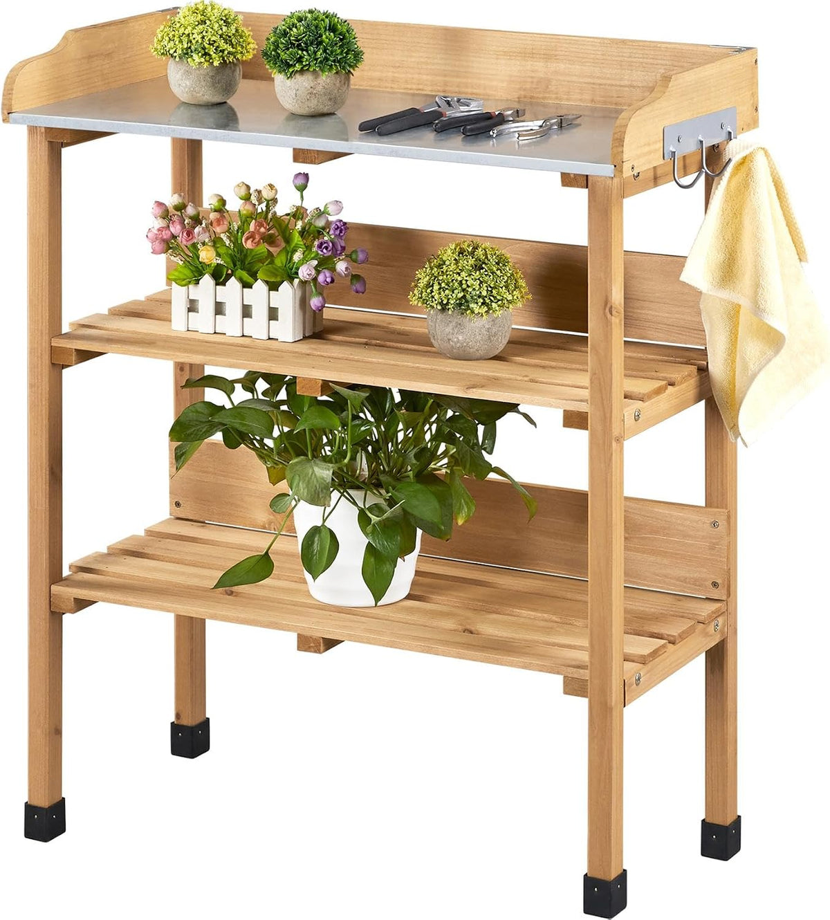 yaheetech potting bench outdoor console table w/3-tier storage,natural, main product view