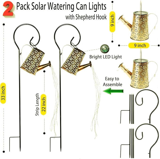 2 Pack Solar Watering Can Lights with Shepherd Hook, 8 Multi-Color Changing Modes, IP65 Waterproof, 60pcs String Lights for Outdoor Garden Pathway Lawn Patio Deck Walkway Courtyard