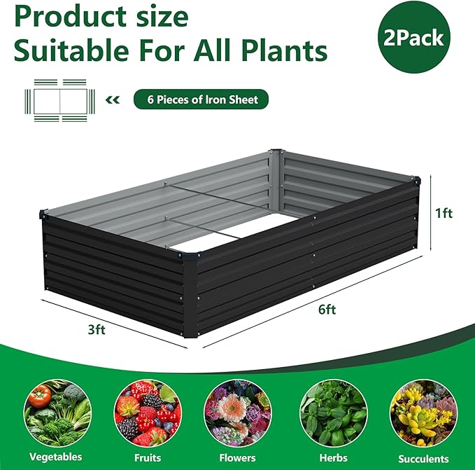 Vengarus 6x3x1FT (2 Pack) Galvanized Raised Garden Bed Kit, Outdoor Metal Planter Box for Vegetables, Rectangular Steel Container, Easy Assembly (Black)