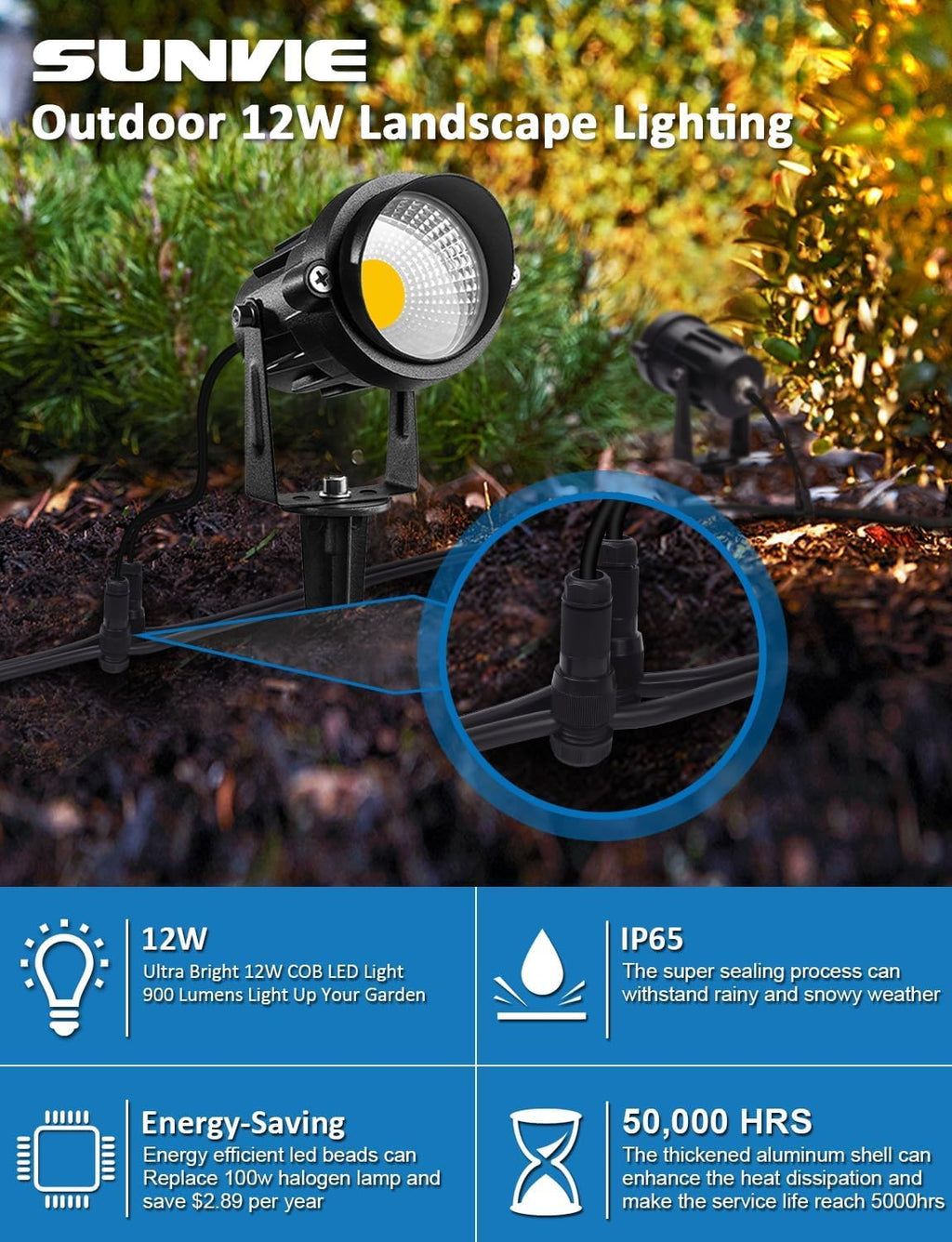SUNVIE Low Voltage Landscape Lights Landscape Lighting with Connector 8Pack | Waterproof LED Landscape Lights Low Voltage Warm White 900LM Wall Tree Flag Outdoor Spotlights (Require Transformer))