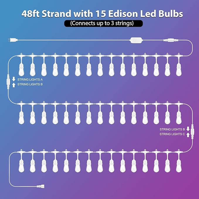 Mlambert 96Ft(2x48ft) Outdoor Patio Lights, RGB Cafe String Lights with Remote Control and 30+5 Dimmable LED Bulbs for Backyard Graden-White 2 Pack