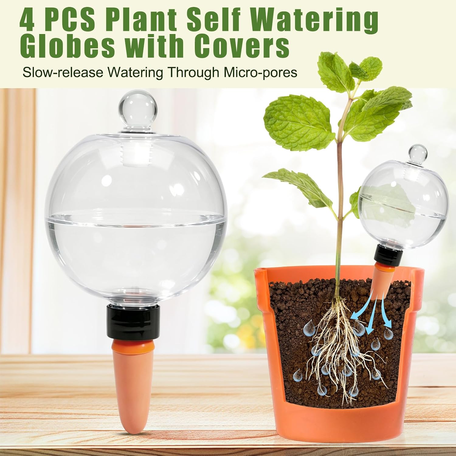 17.6 oz Extra Large Plant Watering Globes Top Fill, Upgraded Plastic Self Watering Bulbs with Terracotta Spikes, Slow Release Watering Stakes for Indoor & Outdoor Potted Plants, 4 Pack
