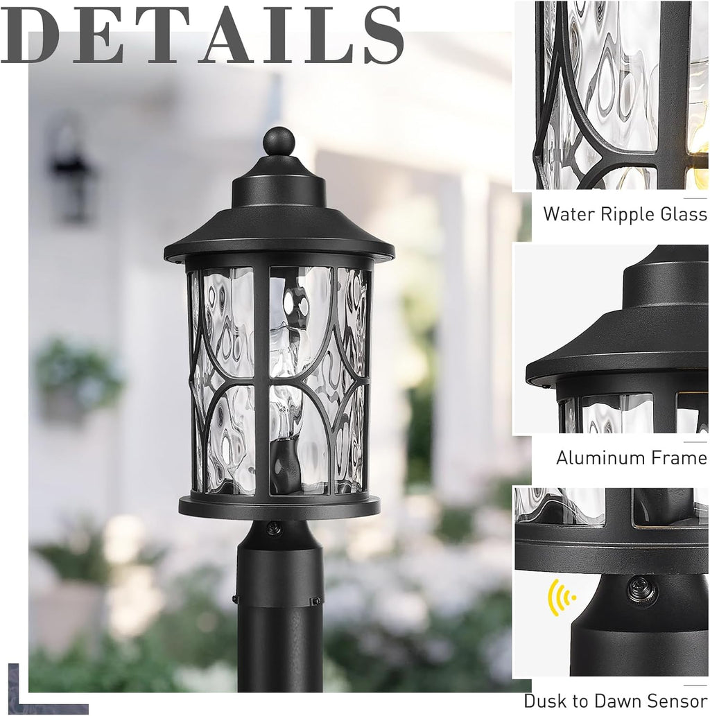 zeyu Pillar Light Outdoor, 16.9 Inch Dusk to Dawn Outdoor Light Fixture Post with Photocell Sensor, Exterior Post Lamp with Water Ripple Glass, ZX48MP PC WG BK