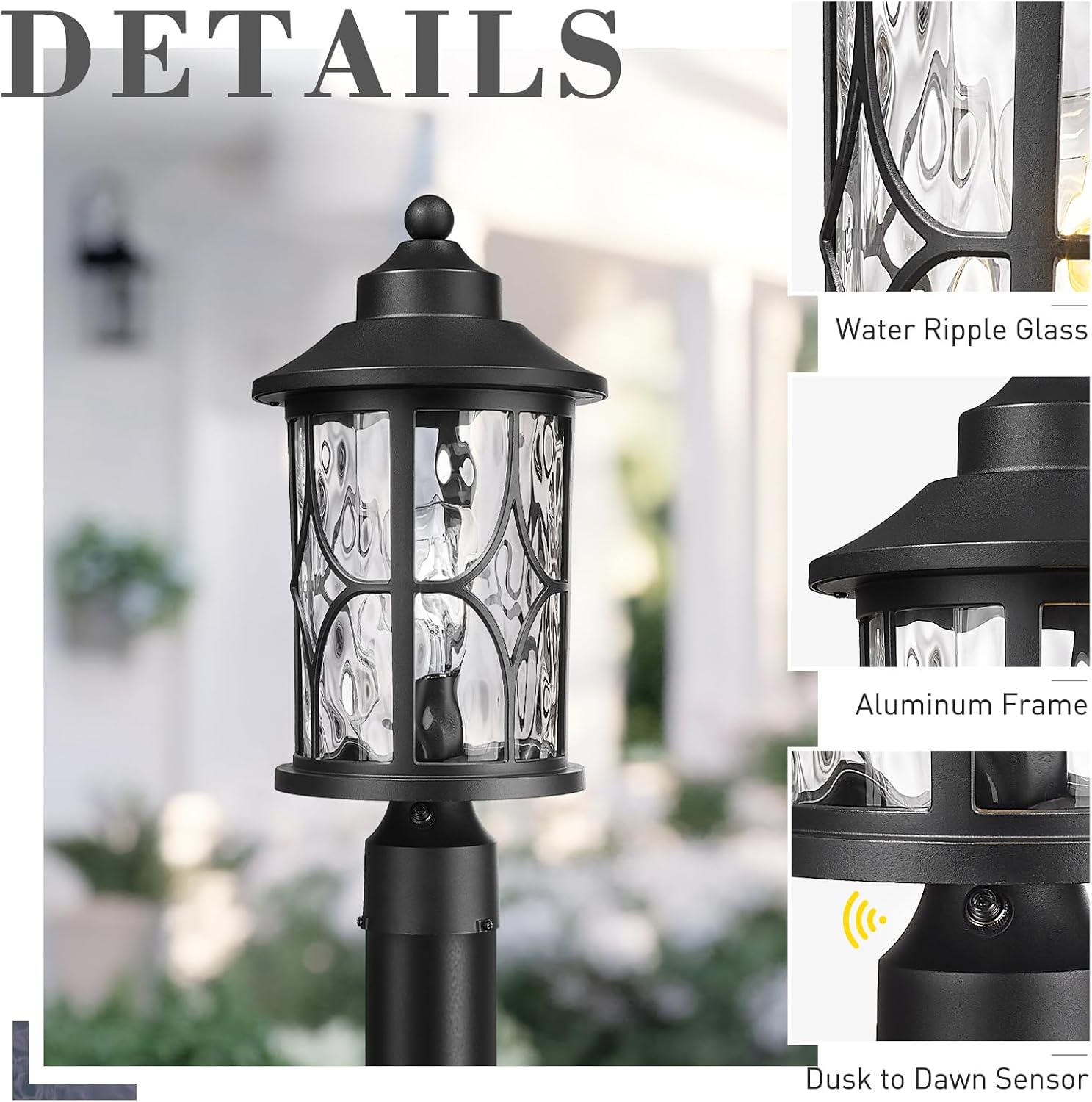 zeyu Pillar Light Outdoor, 16.9 Inch Dusk to Dawn Outdoor Light Fixture Post with Photocell Sensor, Exterior Post Lamp with Water Ripple Glass, ZX48MP PC WG BK