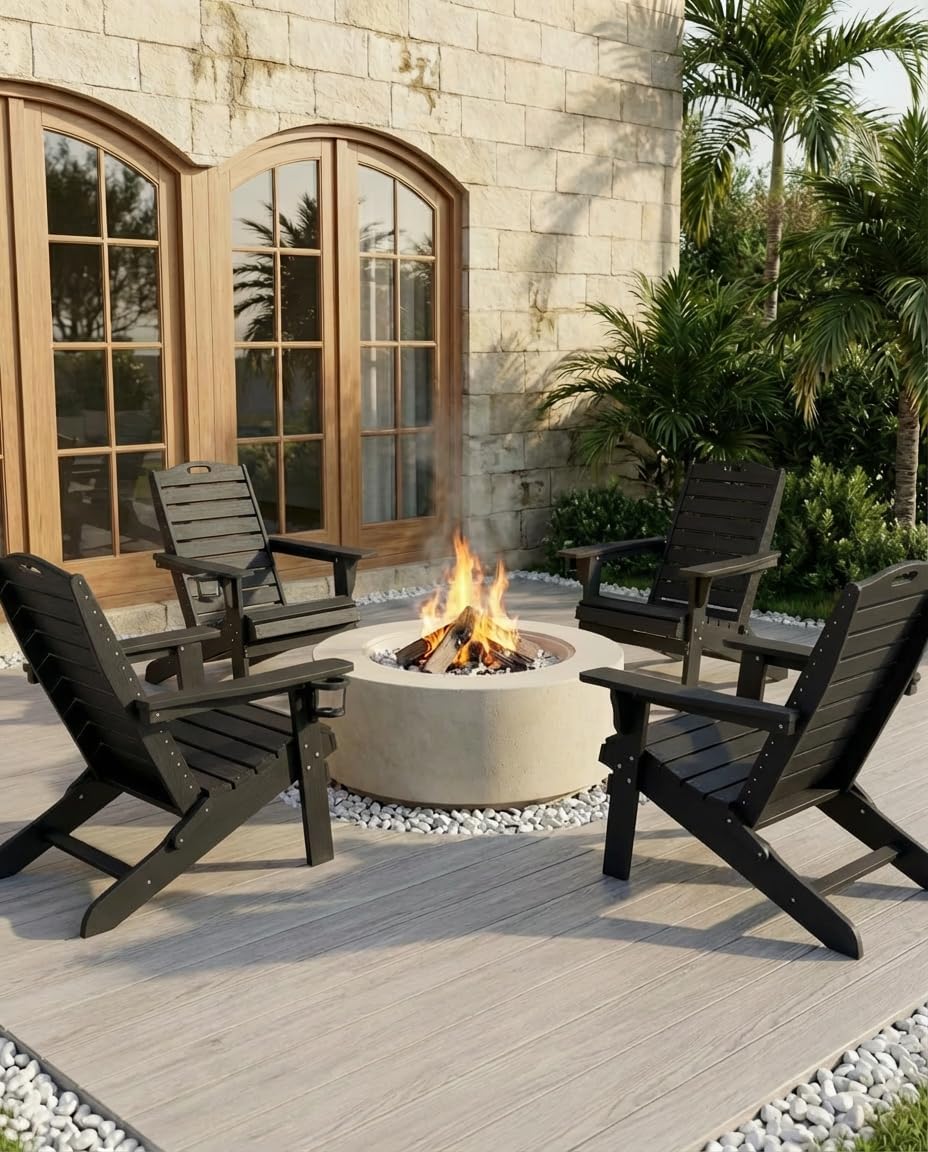 Folding Adirondack Chair with Retractable Ottoman Weather Resistant Fire Pit Chair Patio Chair with 2 Cup Holder Lawn Outdoor Lounge Chair (Black)