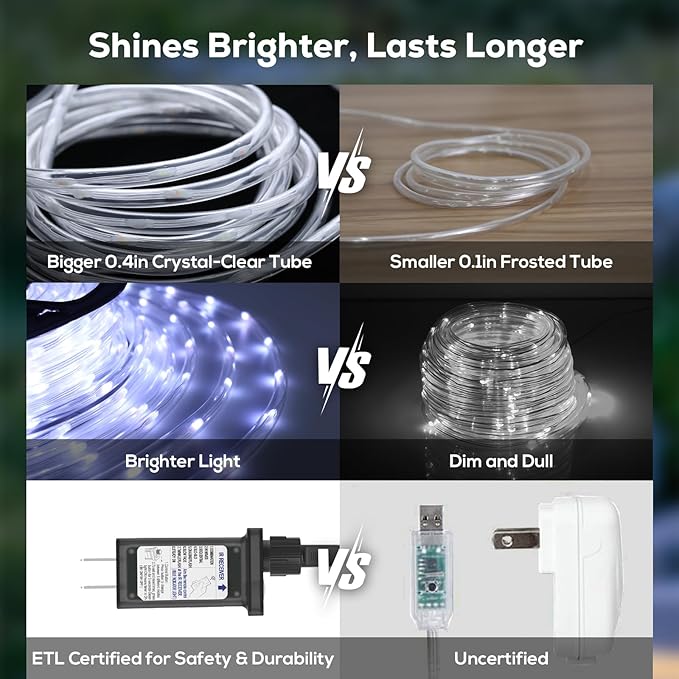 50FT 360 LED Waterproof Rope Lights Outside with Remote, 8 Modes and 4 Brightness Tube Lights for Christmas, Bedroom, Patio, Garden, Indoor Outdoor Decoration (Cool White)