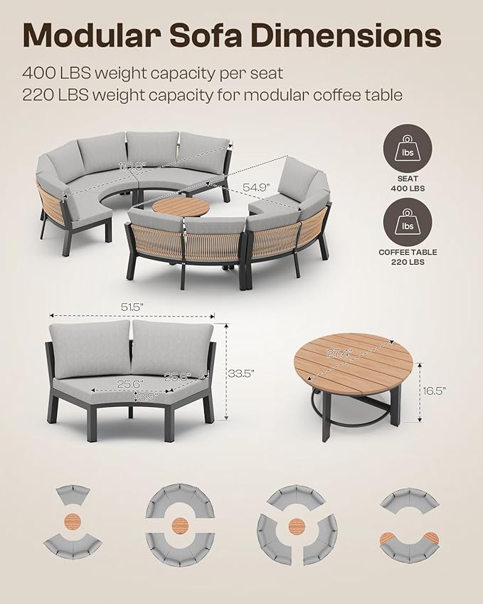 Outdoor Patio Sectional Modular Sofa, Aluminum 1 Piece Curved Patio Couch with Washable Cushions, All Weather PE Rope Sofa for Backyard,Porch, Deck, Poolsid, Gray
