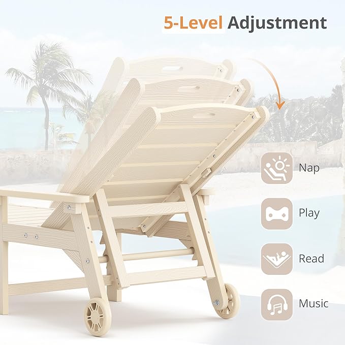 LUE BONA Outdoor Chaise Lounge Chairs Set of 2, HDPS Chaise Lounger, 5 Positions Adjustable Lounge Chairs, Pool Lounge Chair with Wheels for Poolside, Sand