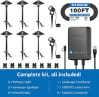 SUNVIE All-in-One LED Low Voltage Landscape Lighting Kit 6 Pathway Lights 2 Spotlights with 60W Photocell Transformer 100FT Wire for Path&Garden, Aluminum, ETL Listed, Dusk to Dawn, Waterproof, 3000K