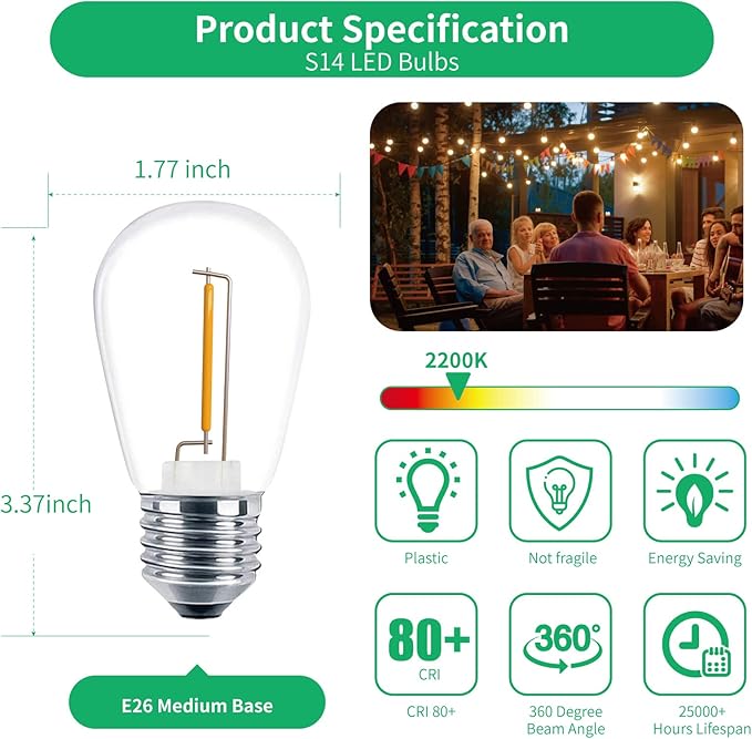 Meconard 30 Pack S14 Edison String Light Bulbs, 1 Watt Replacement Bulbs for Outdoor String Lights, Low Wattage Shatterproof LED Filament Patio Bulbs, E26 Medium Base, 2200K Warm White, Non-Dimmable