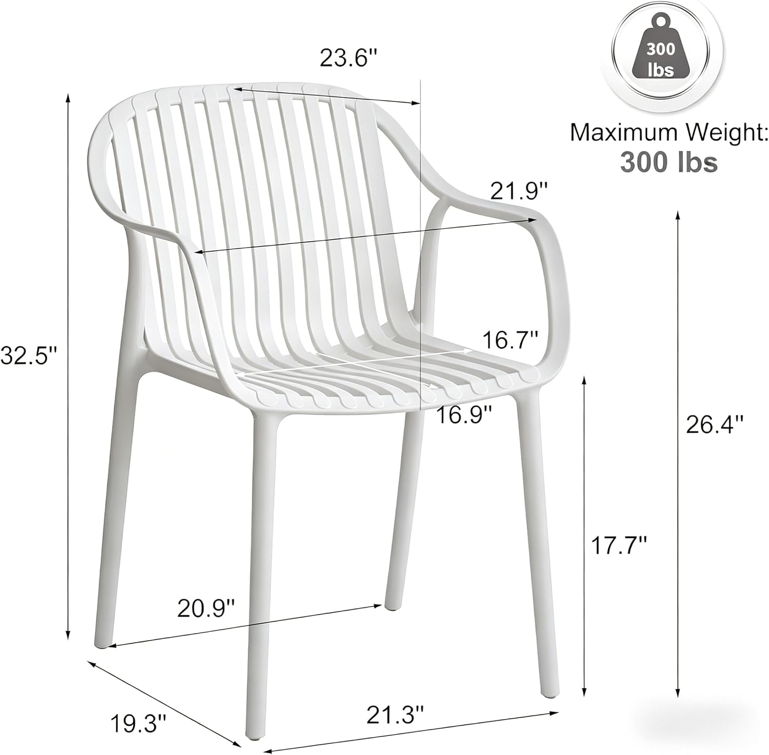UV-Resistant Outdoor Dining Chairs, Set of 4 (White) | UV-Resistant, Sackable, No Assembly Needed, 300lb Capacity, Plastic Modern Armchairs for Patios