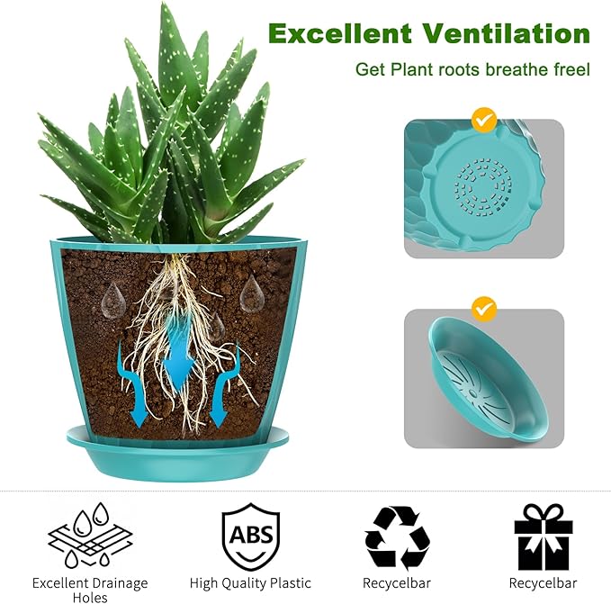 6 Pack 7 Inch Indoor Plant Pots with Drainage Holes, Outdoor Plastic Decorative Flower Pots, Garden Planters with Tray Saucers for Orchids, Violets, Succulents, Herbs, and Other Plants