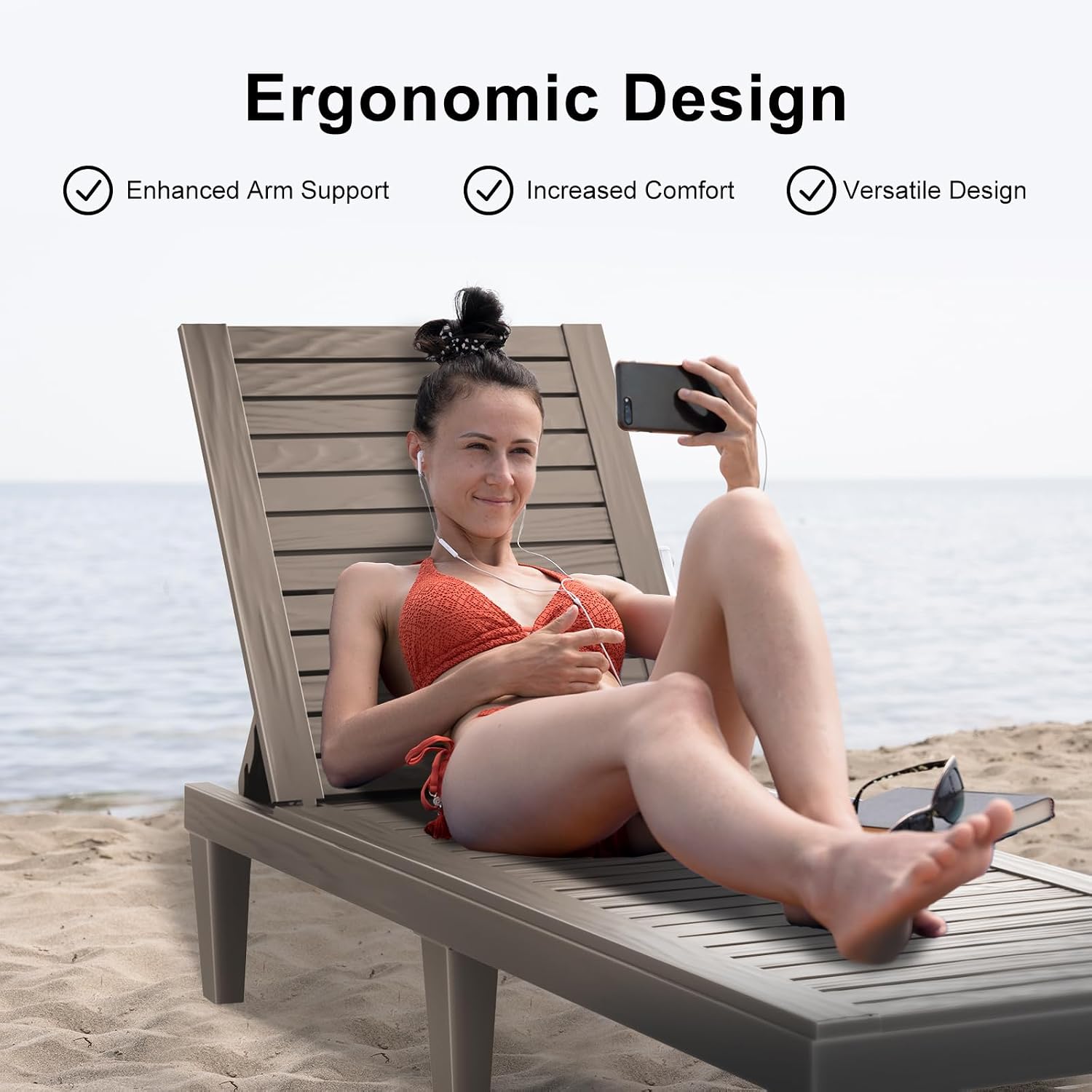 ROJIK Outdoor Chaise Lounge Chair, Single, Grey | 5-Position Adjustable Backrest, Waterproof & Lightweight, Durable Indoor/Outdoor, For Garden Pool Beach