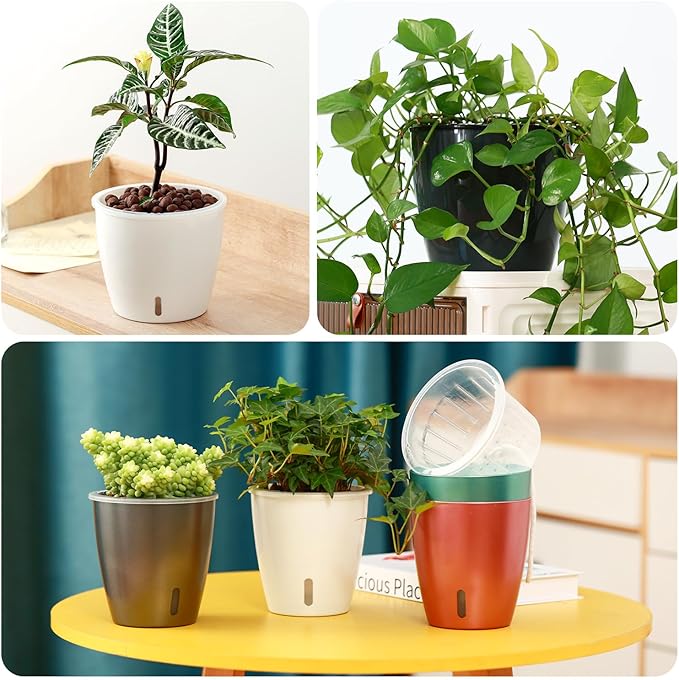 Self Watering Pots for Indoor Plants, 12-Pack 5'' Self Watering Planter with Drainage Holes, Small African Violet Pots with Water Level Indicator, Clear Wick Pot, Black