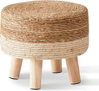 Cpintltr Foot Stool Natural Seagrass Hand Weave Poufs Round Ottoman for Couch Desk Soft Step Stool Padded Foot Rest with Non-Skid Pine Legs for Hallway Office Lounge Natural/White