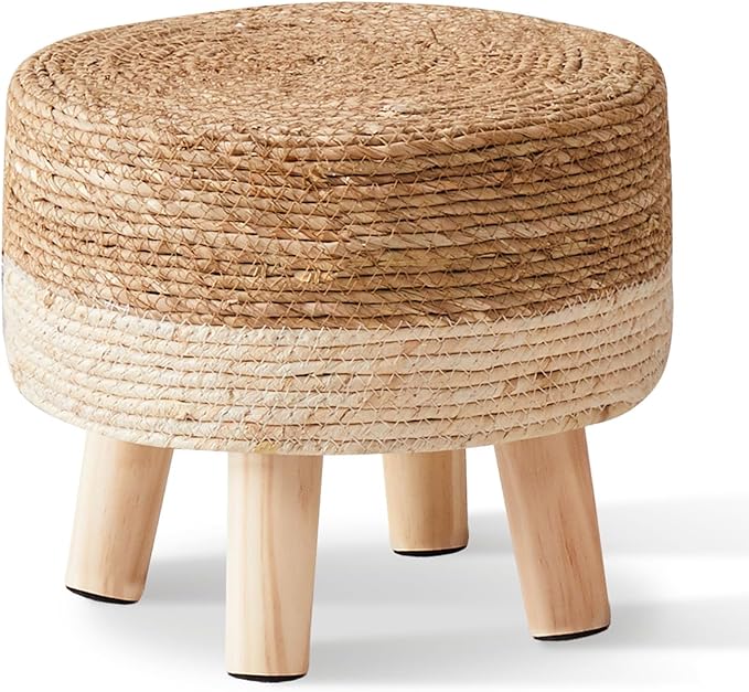 Cpintltr Foot Stool Natural Seagrass Hand Weave Poufs Round Ottoman for Couch Desk Soft Step Stool Padded Foot Rest with Non-Skid Pine Legs for Hallway Office Lounge Natural/White