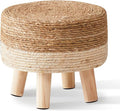 Cpintltr Foot Stool Natural Seagrass Hand Weave Poufs Round Ottoman for Couch Desk Soft Step Stool Padded Foot Rest with Non-Skid Pine Legs for Hallway Office Lounge Natural/White