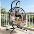 Suteck Double Hanging Egg Chair with Adjustable Footrest & Stand, Grey | Indoor Outdoor 2 Person Hanging Wicker Hammock Swing Chairs, With Cushion, 660lbs Capacity, For Patio, Bedroom, Lawn, Garden