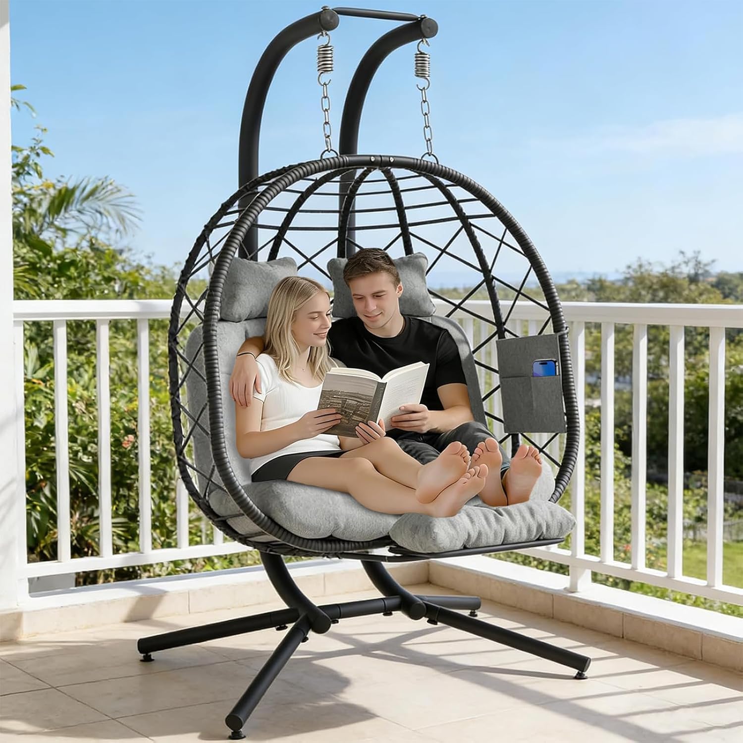 Suteck Double Hanging Egg Chair with Adjustable Footrest & Stand, Grey | Indoor Outdoor 2 Person Hanging Wicker Hammock Swing Chairs, With Cushion, 660lbs Capacity, For Patio, Bedroom, Lawn, Garden