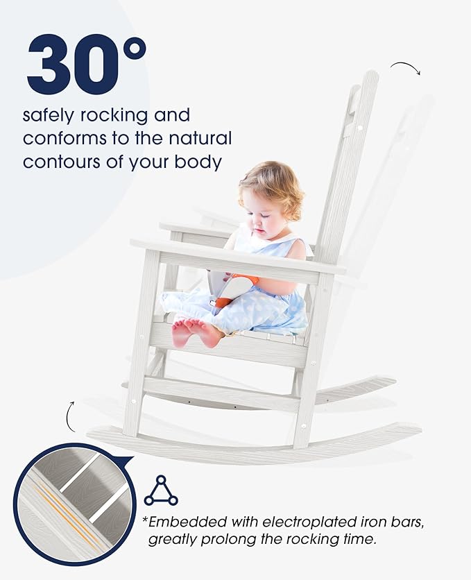 KINGYES Oversized Outdoor Rocking Chair Set of 8, All-Weather Patio Rocking Chairs for Porch, HDPE Outdoor Patio Rockers with High Back & Wide Seat for Garden, Lawn, White