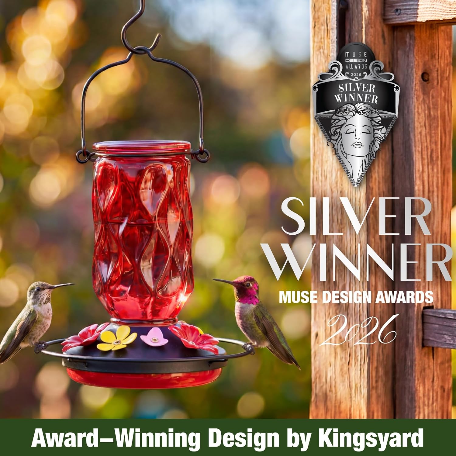Kingsyard Glass Hummingbird Feeder for Outdoors Hanging, 20 oz Leak-Proof Wild Bird Nectar Feeders with 9 Bee Guard Ports & Ant Moat, Garden Yard Art Decor Gifts for Mom, Red