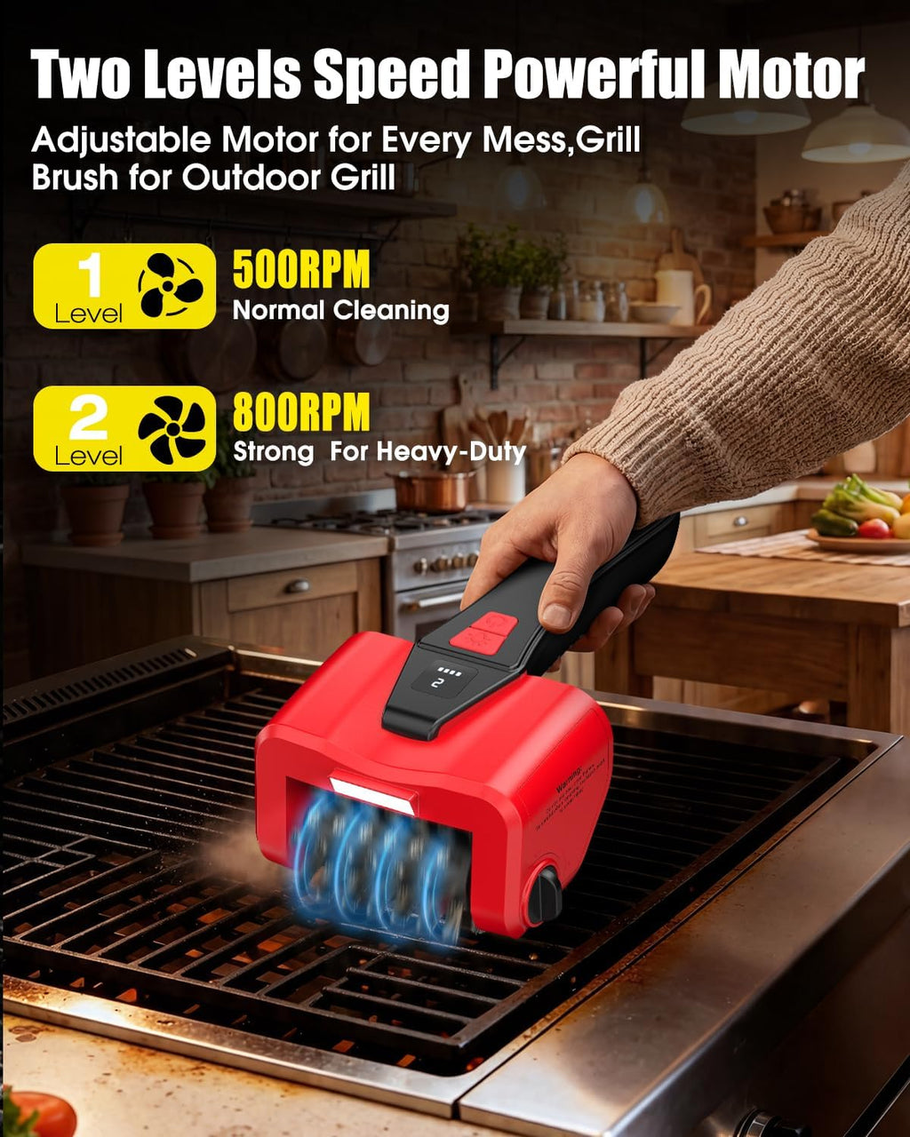 Electric BBQ Grill Brush, 800RPM Automatic Grill Cleaner for Outdoor Grill with 2-Speed & 20kg Torque–4500mAh Battery,LED Light for Night, No Bristle Drop Safe for Cast Iron Stainless,Gift for Men Dad