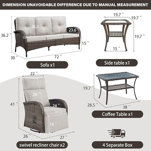 5 Piece Patio Furniture Set with Swivel Recliner Chair - Removable Outdoor Patio Couch Set, Chaise Lounge Chair Outdoor with Adjustable Backrest and Footrest and Coffee Table for Casual Gathering